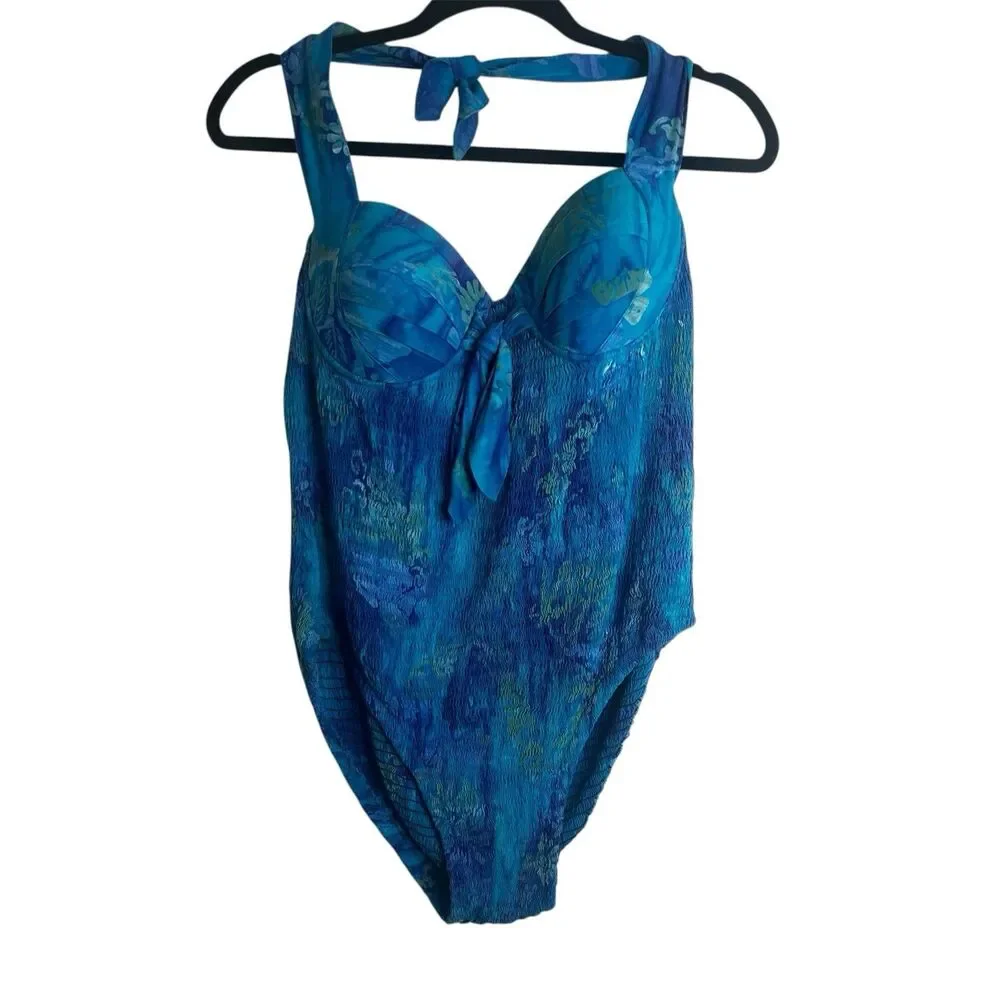 Vintage Ruby’s Moods Swimsuit Womens Sz L Blue Watercolor Pinup 90s Smocked